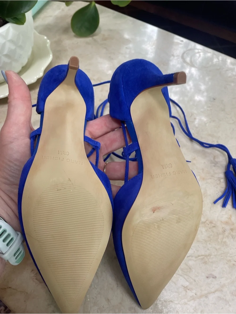 Marc Fisher Cobalt Blue Lace-Up Heels 6.5 Pointed Toe Tassel Ankle Wrap Pumps